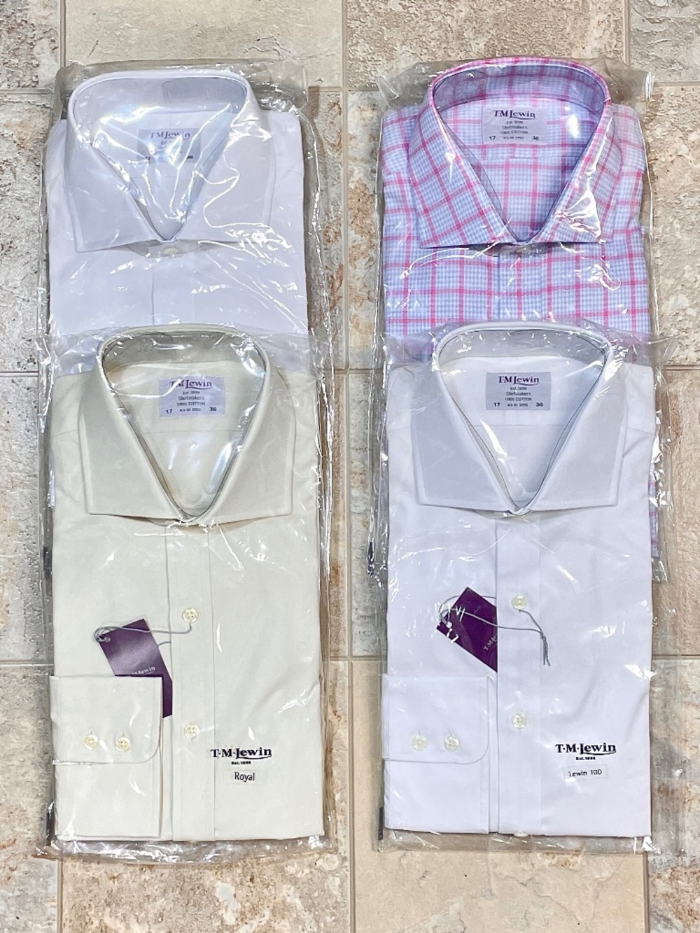 T.M. Lewin Mens Dress Shirt 4pc Bundle Size 17/36 New White Pink Check Plaid